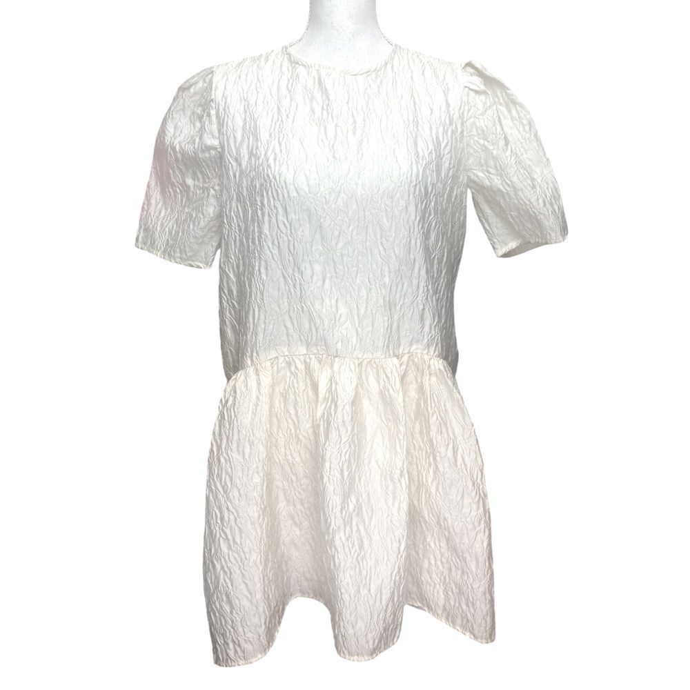 Zara Voluminous Ivory Textured Flower Detail Lined Flounce Mini Dress Sz Small